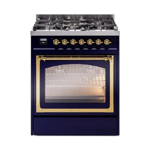 Ilve UN30NMPMBG Ilve Un30Nmpmbg Nostalgie Ii Noblesse 30" Dual Fuel Range (Natural Gas, Triple Glass Door, Midnight Blue, Brass)