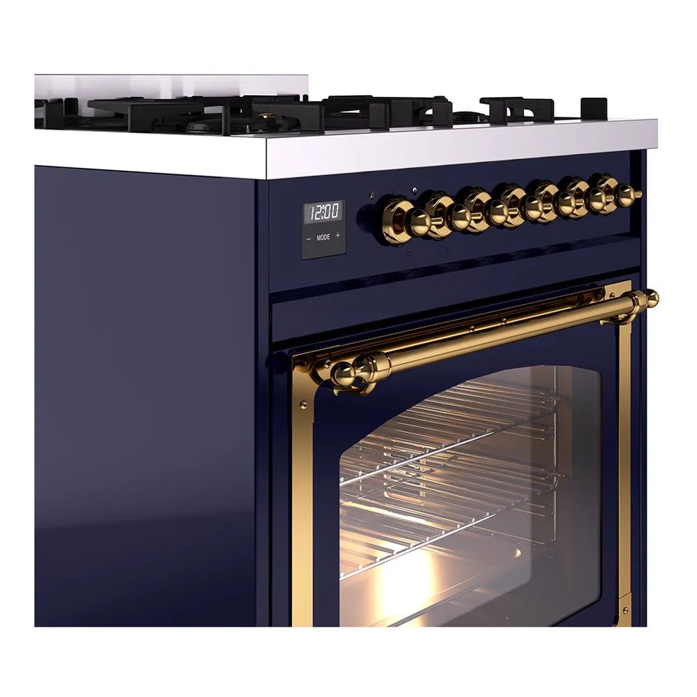 Ilve UN30NMPMBG Ilve Un30Nmpmbg Nostalgie Ii Noblesse 30" Dual Fuel Range (Natural Gas, Triple Glass Door, Midnight Blue, Brass)
