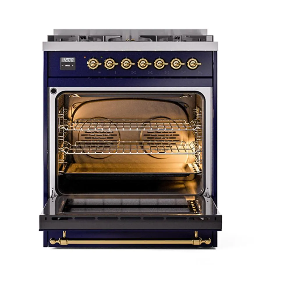 Ilve UN30NMPMBG Ilve Un30Nmpmbg Nostalgie Ii Noblesse 30" Dual Fuel Range (Natural Gas, Triple Glass Door, Midnight Blue, Brass)