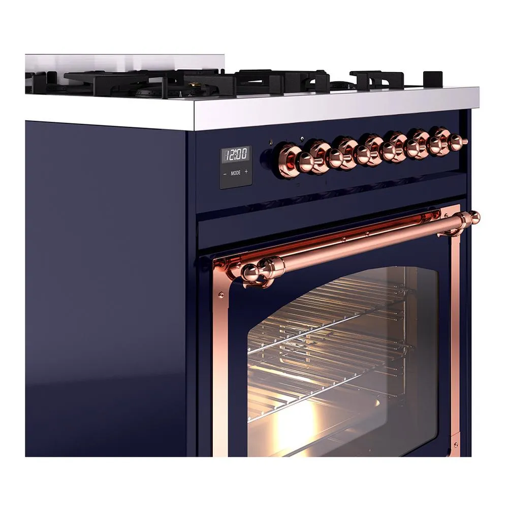 Ilve UN30NMPMBP Ilve Un30Nmpmbp Nostalgie Ii Noblesse 30" Dual Fuel Range (Natural Gas, Triple Glass Door, Midnight Blue, Copper)