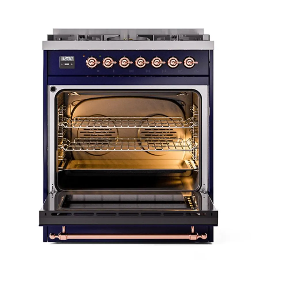Ilve UN30NMPMBP Ilve Un30Nmpmbp Nostalgie Ii Noblesse 30" Dual Fuel Range (Natural Gas, Triple Glass Door, Midnight Blue, Copper)