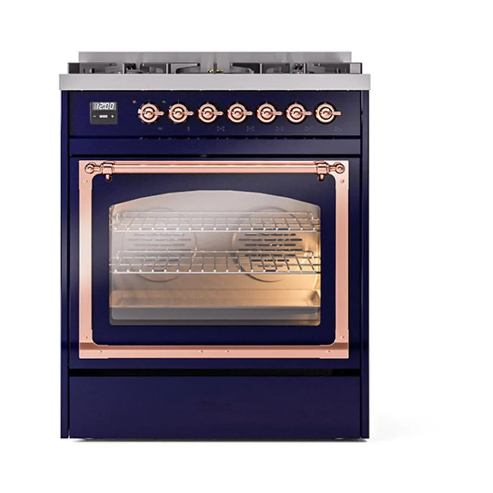 Ilve UN30NMPMBP Ilve Un30Nmpmbp Nostalgie Ii Noblesse 30" Dual Fuel Range (Natural Gas, Triple Glass Door, Midnight Blue, Copper)