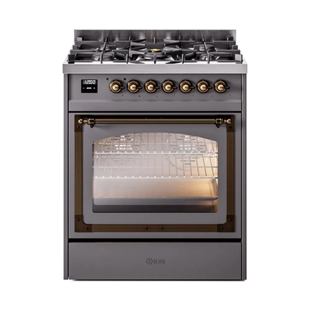 Ilve UN30NMPMGB Ilve Un30Nmpmgb Nostalgie Ii Noblesse 30" Dual Fuel Range (Natural Gas, Triple Glass Door, Graphite Matte, Burnished)