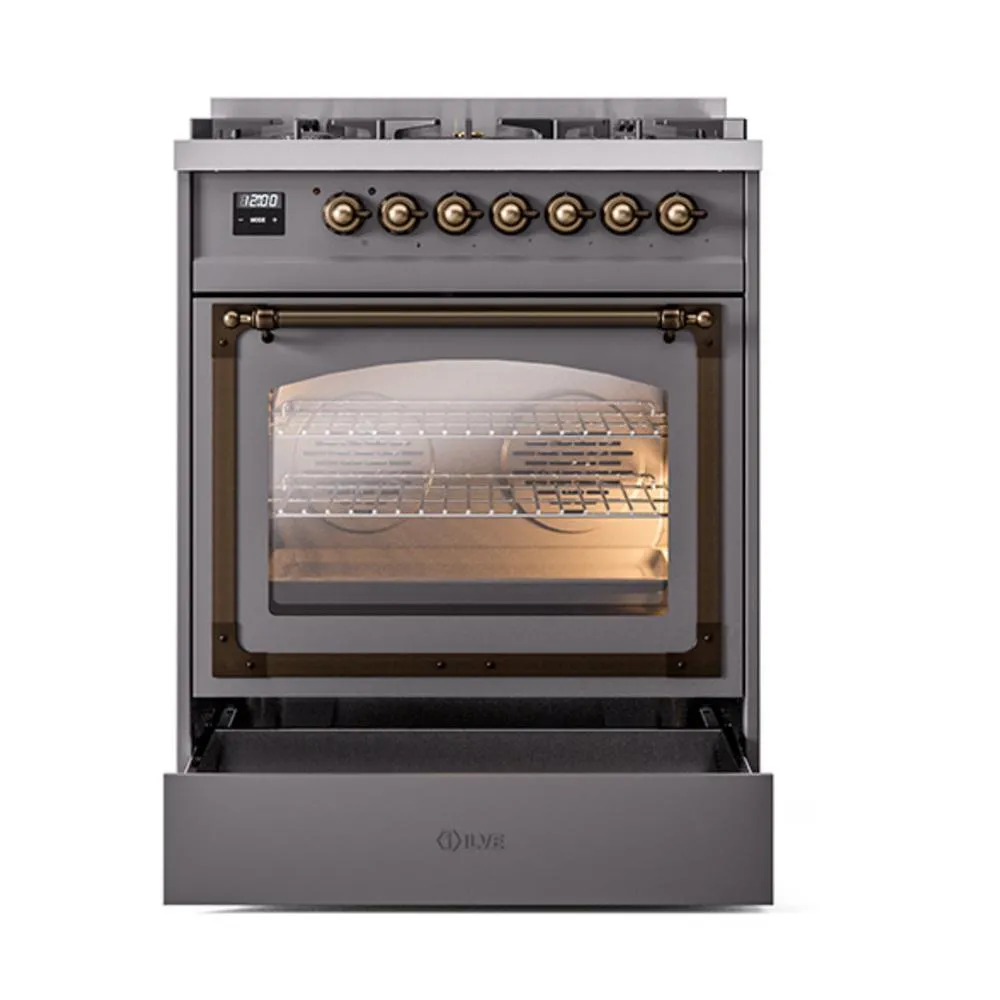 Ilve UN30NMPMGB Ilve Un30Nmpmgb Nostalgie Ii Noblesse 30" Dual Fuel Range (Natural Gas, Triple Glass Door, Graphite Matte, Burnished)