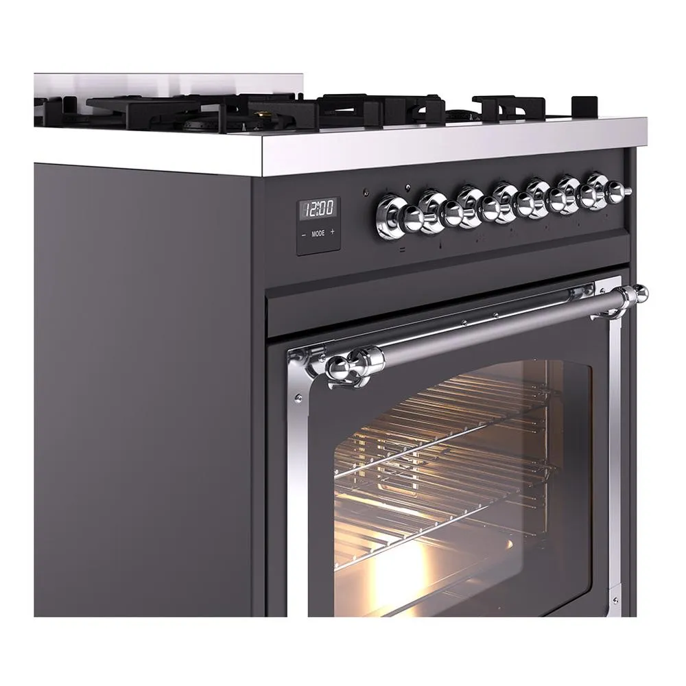 Ilve UN30NMPMGC Ilve Un30Nmpmgc Nostalgie Ii Noblesse 30" Dual Fuel Range (Natural Gas, Triple Glass Door, Graphite Matte, Chrome)