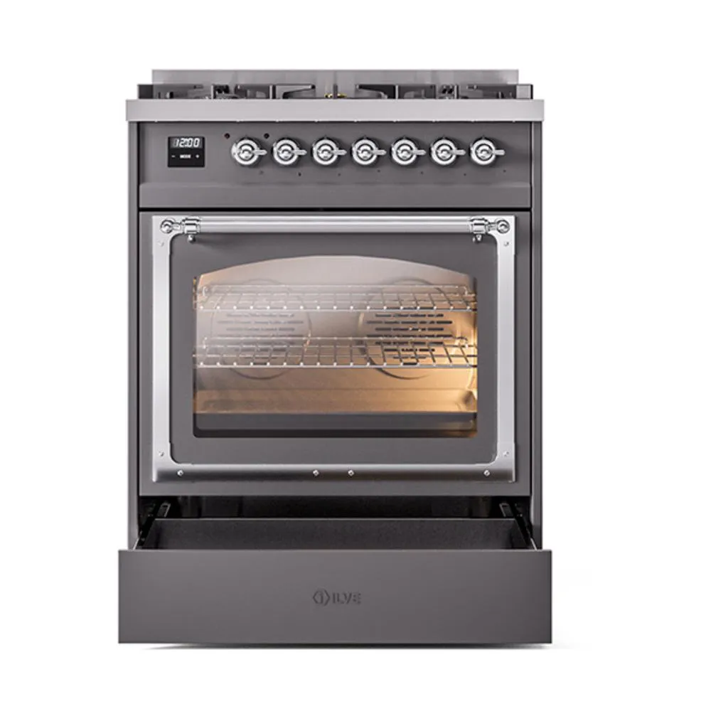 Ilve UN30NMPMGCLP Ilve Un30Nmpmgclp Nostalgie Ii Noblesse 30" Dual Fuel Range (Liquid Propane, Triple Glass Door, Graphite Matte, Chrome)