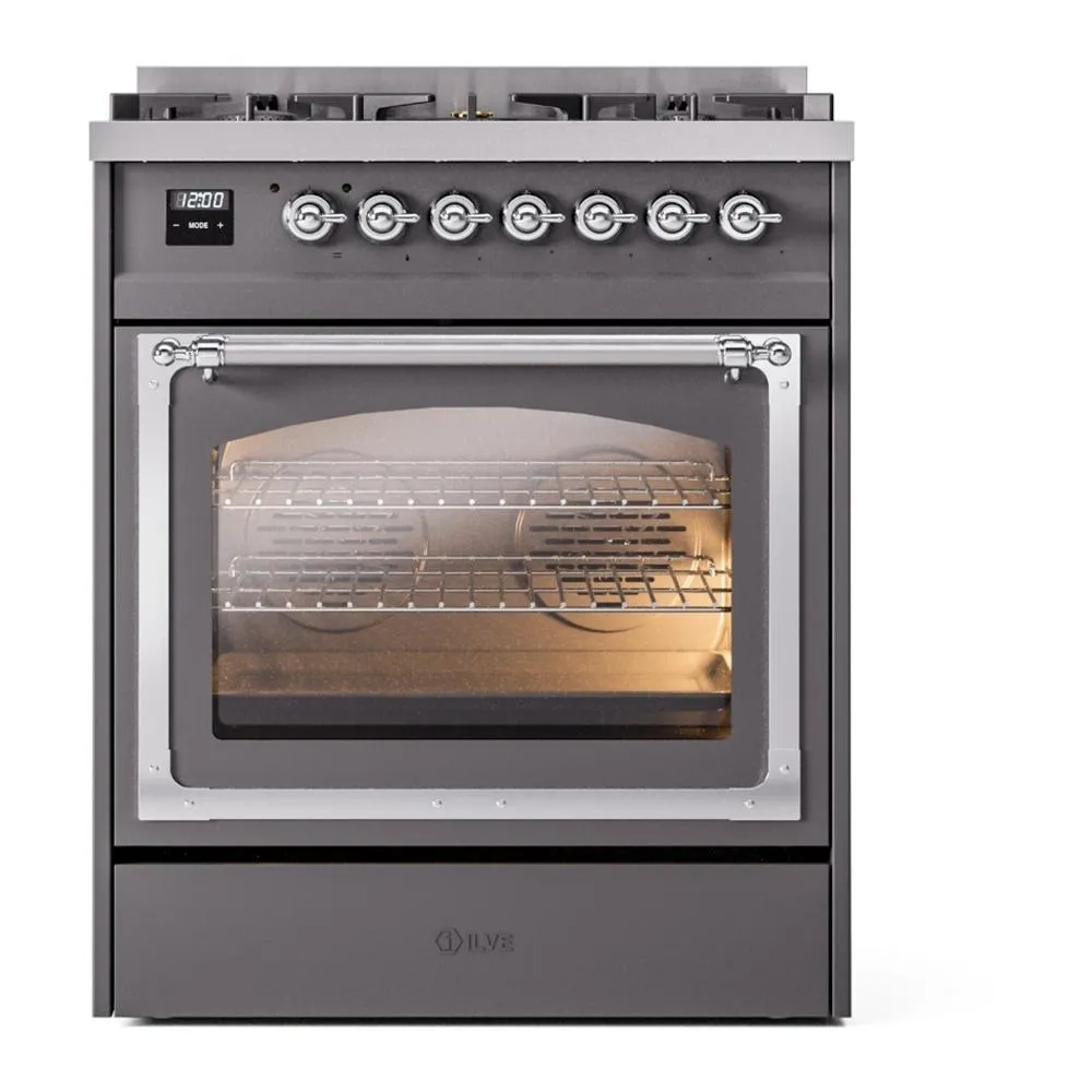Ilve UN30NMPMGCLP Ilve Un30Nmpmgclp Nostalgie Ii Noblesse 30" Dual Fuel Range (Liquid Propane, Triple Glass Door, Graphite Matte, Chrome)