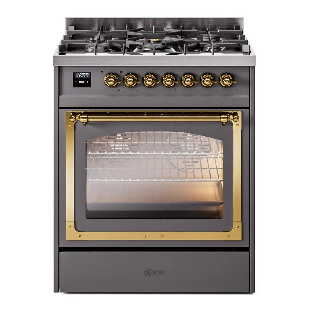 Ilve UN30NMPMGG Ilve Un30Nmpmgg Nostalgie Ii Noblesse 30" Dual Fuel Range (Natural Gas, Triple Glass Door, Graphite Matte, Brass)
