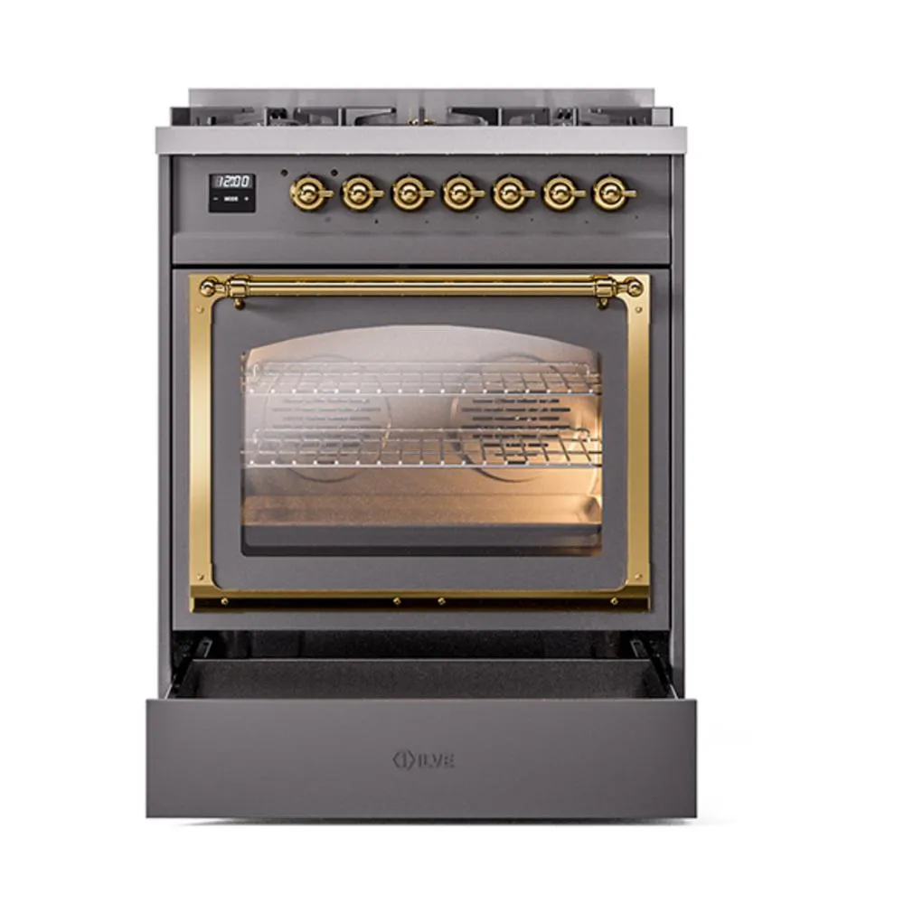 Ilve UN30NMPMGGLP Ilve Un30Nmpmgglp Nostalgie Ii Noblesse 30" Dual Fuel Range (Liquid Propane, Triple Glass Door, Graphite Matte, Brass)