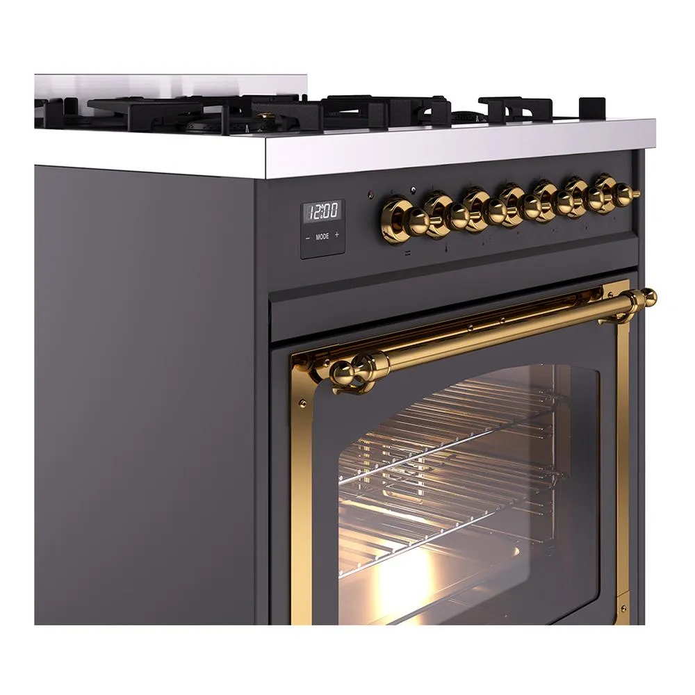 Ilve UN30NMPMGGLP Ilve Un30Nmpmgglp Nostalgie Ii Noblesse 30" Dual Fuel Range (Liquid Propane, Triple Glass Door, Graphite Matte, Brass)