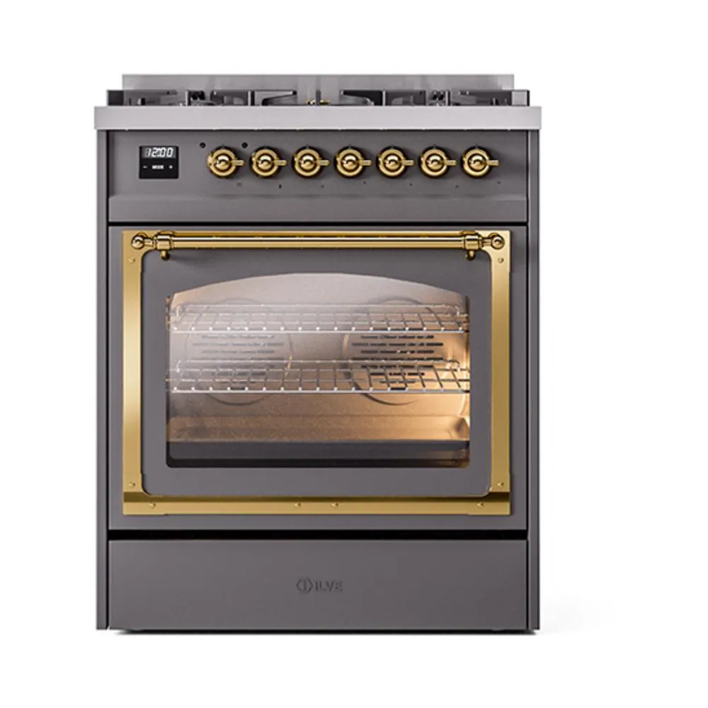 Ilve UN30NMPMGGLP Ilve Un30Nmpmgglp Nostalgie Ii Noblesse 30" Dual Fuel Range (Liquid Propane, Triple Glass Door, Graphite Matte, Brass)
