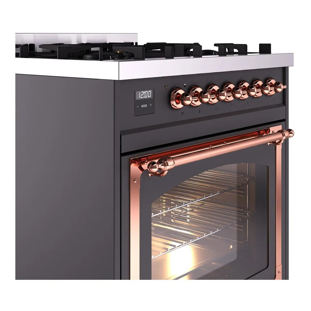 Ilve UN30NMPMGP Ilve Un30Nmpmgp Nostalgie Ii Noblesse 30" Dual Fuel Range (Natural Gas, Triple Glass Door, Graphite Matte, Copper)