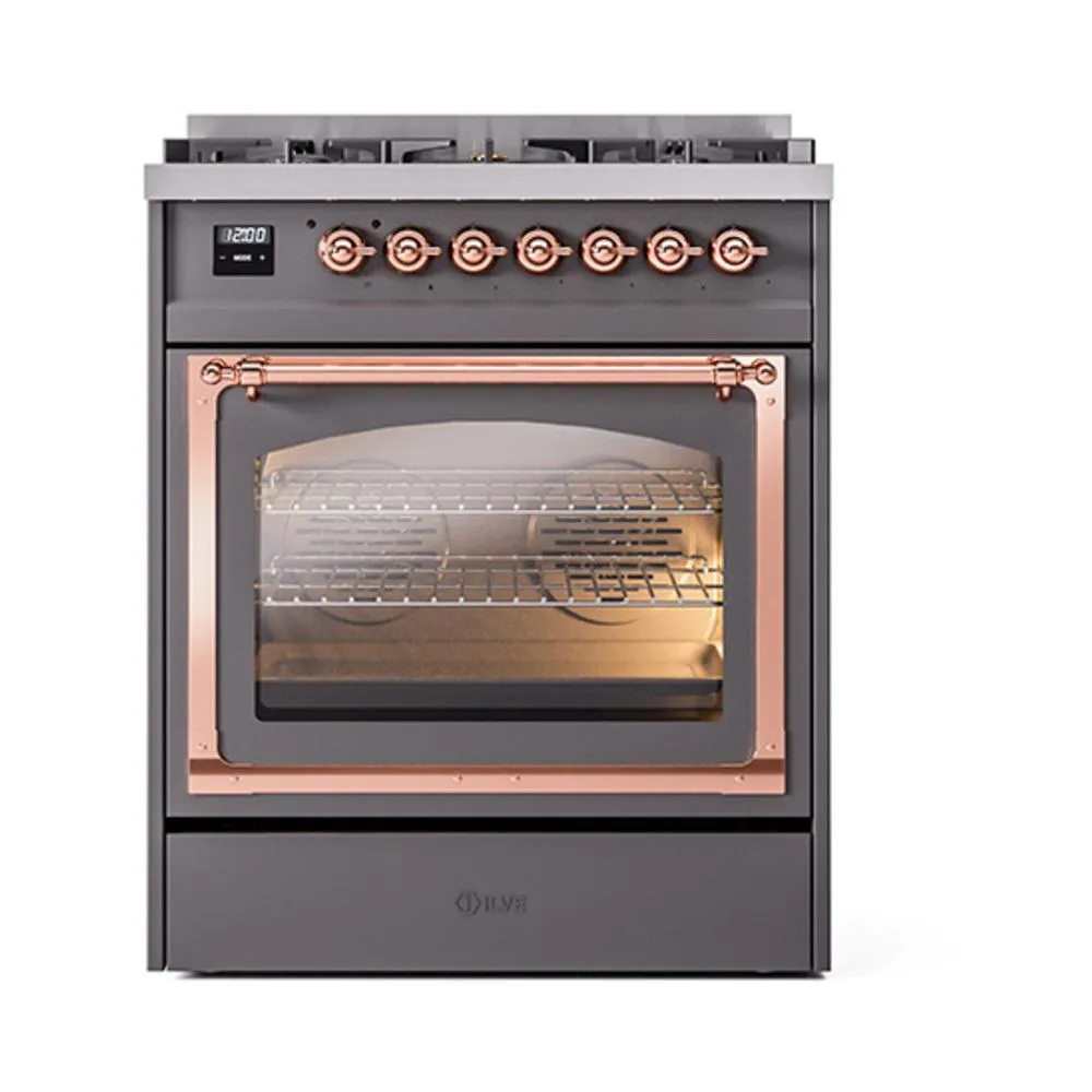 Ilve UN30NMPMGP Ilve Un30Nmpmgp Nostalgie Ii Noblesse 30" Dual Fuel Range (Natural Gas, Triple Glass Door, Graphite Matte, Copper)