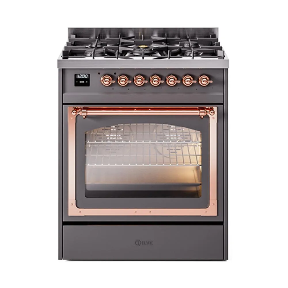 Ilve UN30NMPMGPLP Ilve Un30Nmpmgplp Nostalgie Ii Noblesse 30" Dual Fuel Range (Liquid Propane, Triple Glass Door, Graphite Matte, Copper)