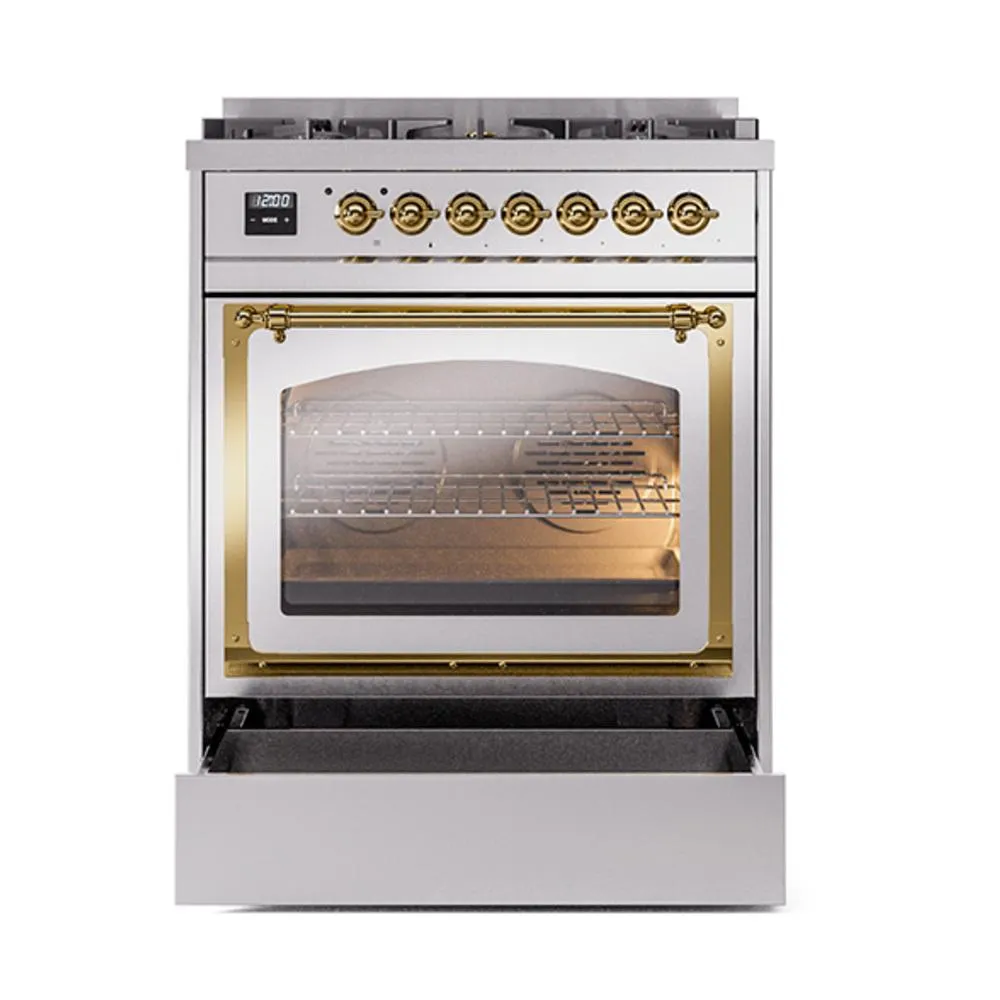 Ilve UN30NMPSSG Ilve Un30Nmpssg Nostalgie Ii Noblesse 30" Dual Fuel Range (Natural Gas, Triple Glass Door, Stainless Steel, Brass)