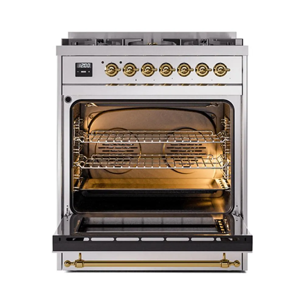 Ilve UN30NMPSSGLP Ilve Un30Nmpssglp Nostalgie Ii Noblesse 30" Dual Fuel Range (Liquid Propane, Triple Glass Door, Stainless Steel, Brass)