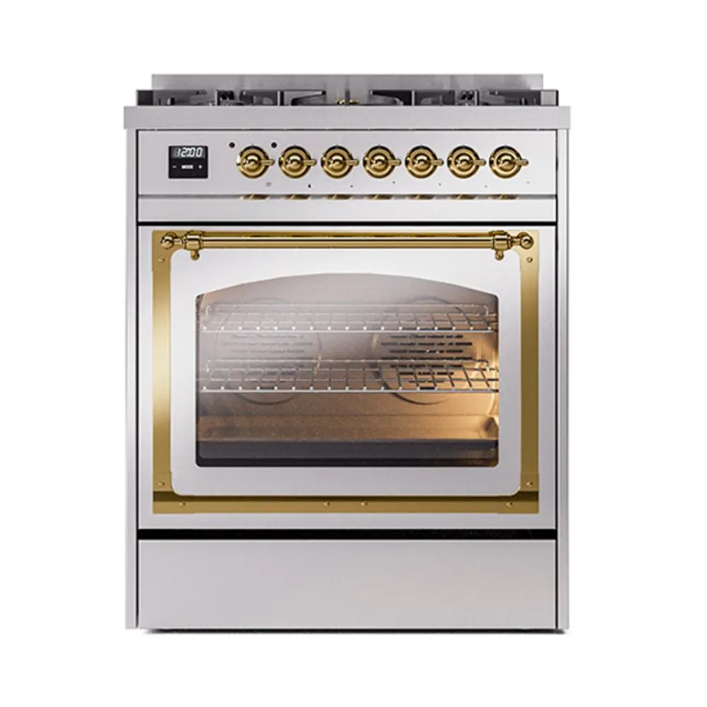 Ilve UN30NMPSSGLP Ilve Un30Nmpssglp Nostalgie Ii Noblesse 30" Dual Fuel Range (Liquid Propane, Triple Glass Door, Stainless Steel, Brass)