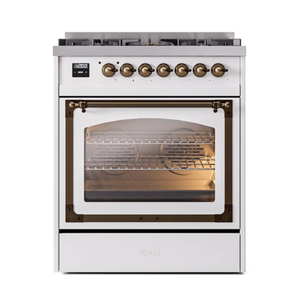 Ilve UN30NMPWHB Ilve Un30Nmpwhb Nostalgie Ii Noblesse 30" Dual Fuel Range (Natural Gas, Triple Glass Door, White, Burnished)