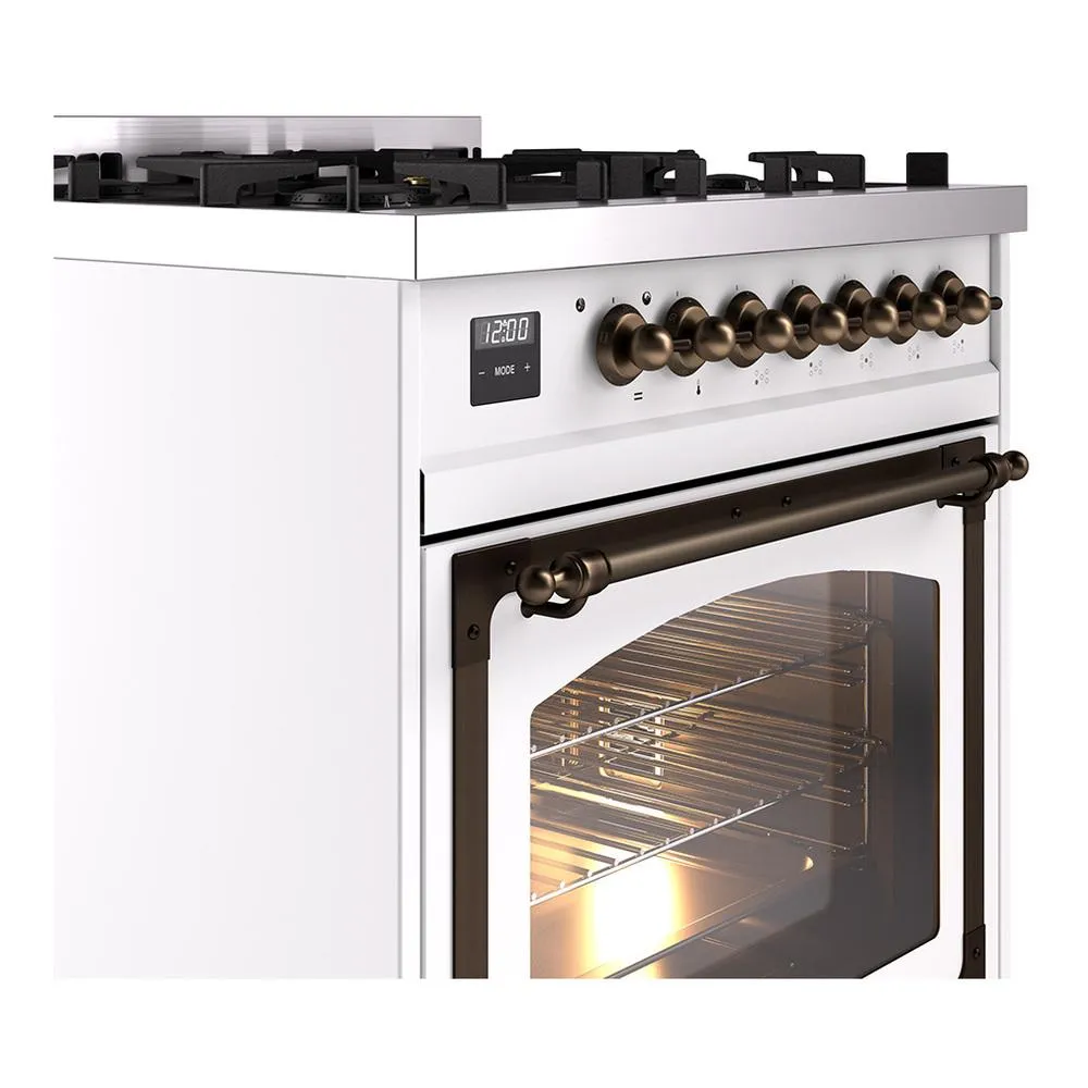 Ilve UN30NMPWHBLP Ilve Un30Nmpwhblp Nostalgie Ii Noblesse 30" Dual Fuel Range (Liquid Propane, Triple Glass Door, White, Burnished)