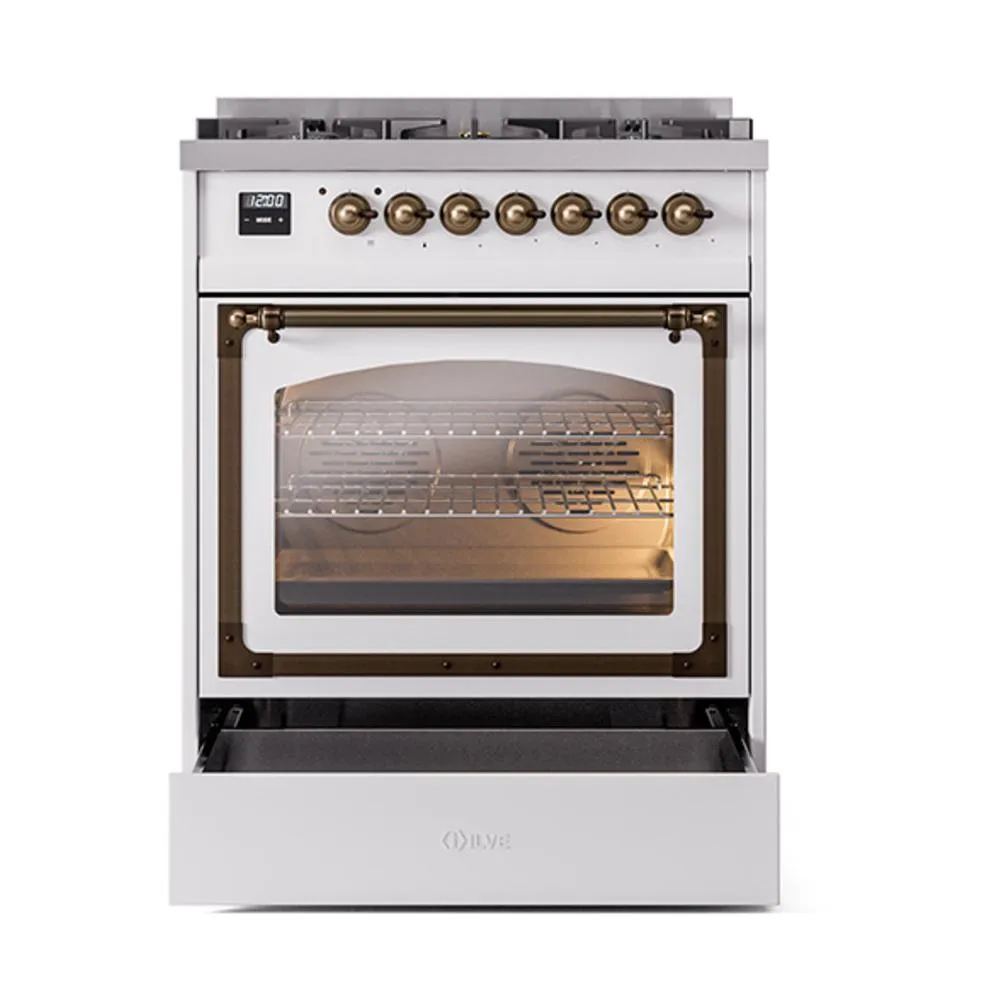 Ilve UN30NMPWHBLP Ilve Un30Nmpwhblp Nostalgie Ii Noblesse 30" Dual Fuel Range (Liquid Propane, Triple Glass Door, White, Burnished)