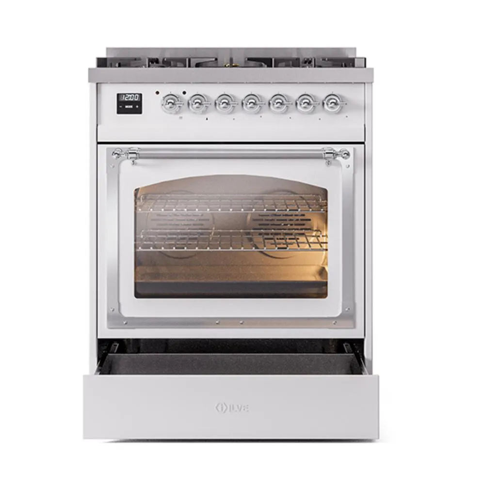 Ilve UN30NMPWHC Ilve Un30Nmpwhc Nostalgie Ii Noblesse 30" Dual Fuel Range (Natural Gas, Triple Glass Door, White, Chrome)