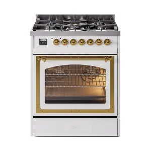 Ilve UN30NMPWHG Ilve Un30Nmpwhg Nostalgie Ii Noblesse 30" Dual Fuel Range (Natural Gas, Triple Glass Door, White, Brass)