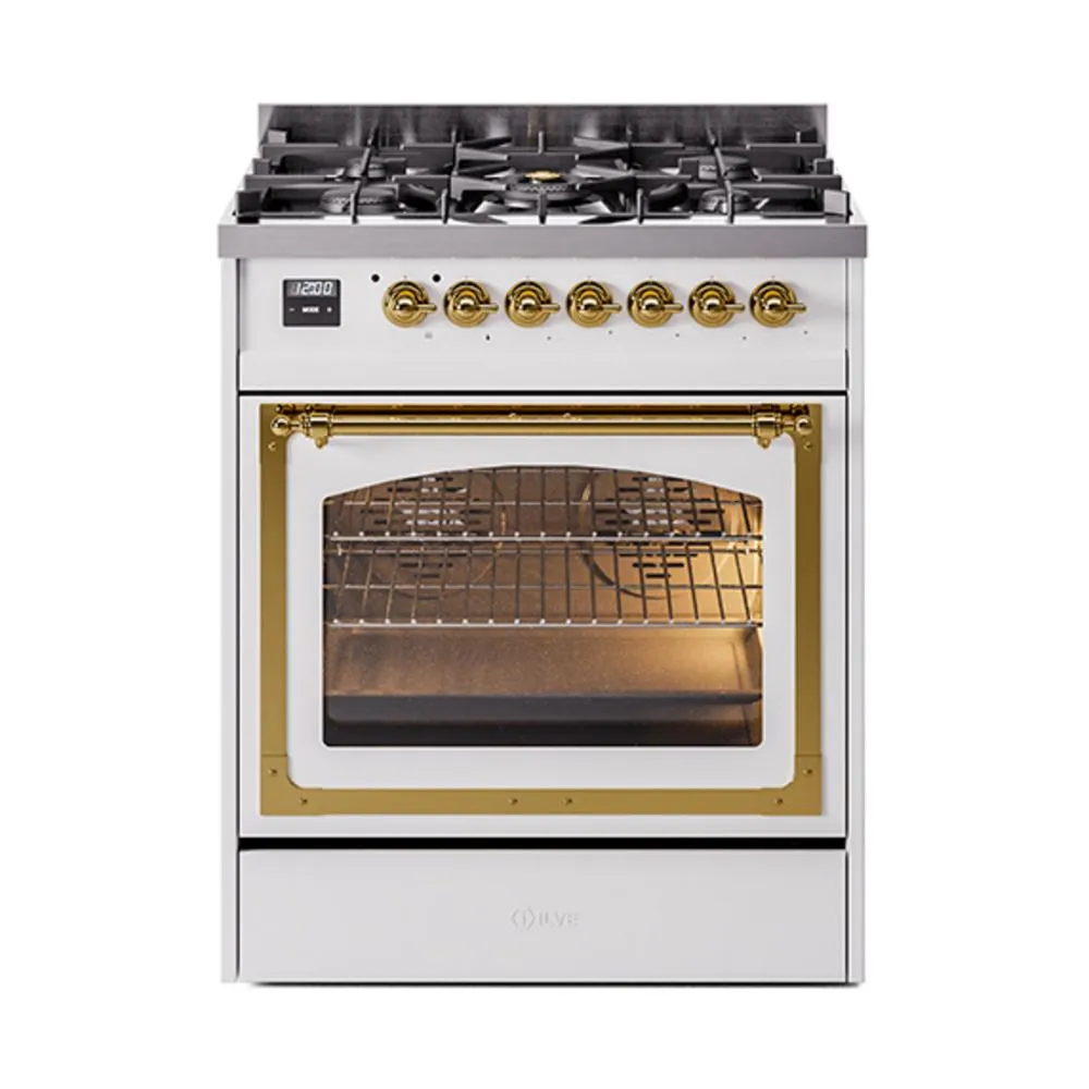 Ilve UN30NMPWHGLP Ilve Un30Nmpwhglp Nostalgie Ii Noblesse 30" Dual Fuel Range (Liquid Propane, Triple Glass Door, White, Brass)