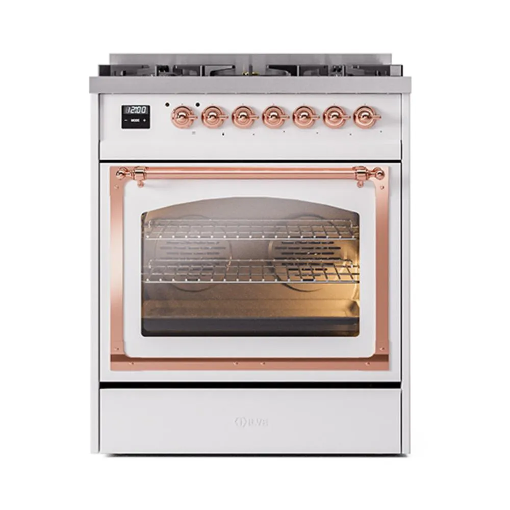 Ilve UN30NMPWHPLP Ilve Un30Nmpwhplp Nostalgie Ii Noblesse 30" Dual Fuel Range (Liquid Propane, Triple Glass Door, White, Copper)