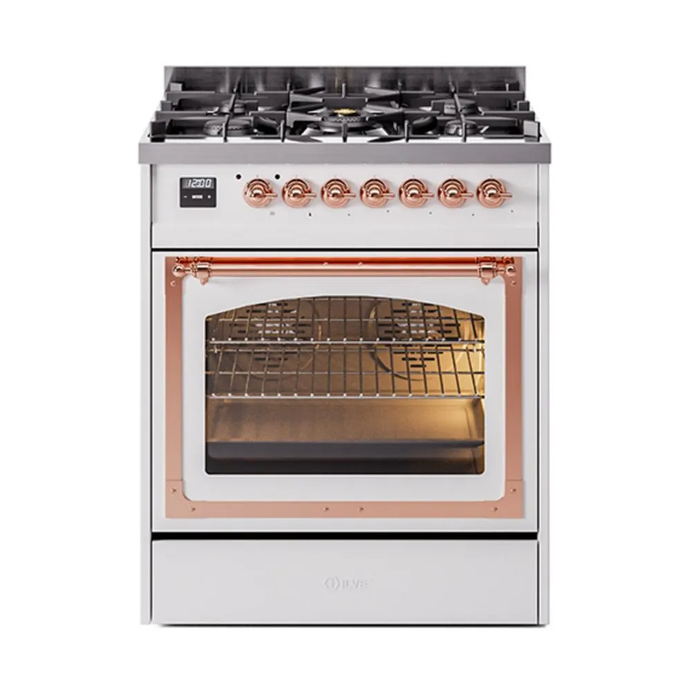 Ilve UN30NMPWHPLP Ilve Un30Nmpwhplp Nostalgie Ii Noblesse 30" Dual Fuel Range (Liquid Propane, Triple Glass Door, White, Copper)