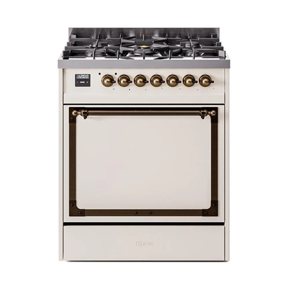 Ilve UN30QNMPAWB Ilve Un30Qnmpawb Nostalgie Ii Noblesse 30" Dual Fuel Range (Natural Gas, Solid Door, Antique White, Burnished)