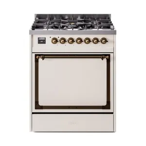 Ilve UN30QNMPAWBLP Ilve Un30Qnmpawblp Nostalgie Ii Noblesse 30" Dual Fuel Range (Liquid Propane, Solid Door, Antique White, Burnished)