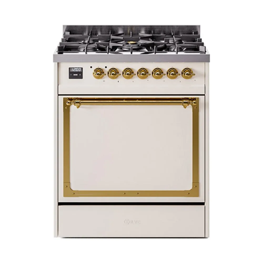 Ilve UN30QNMPAWG Ilve Un30Qnmpawg Nostalgie Ii Noblesse 30" Dual Fuel Range (Natural Gas, Solid Door, Antique White, Brass)