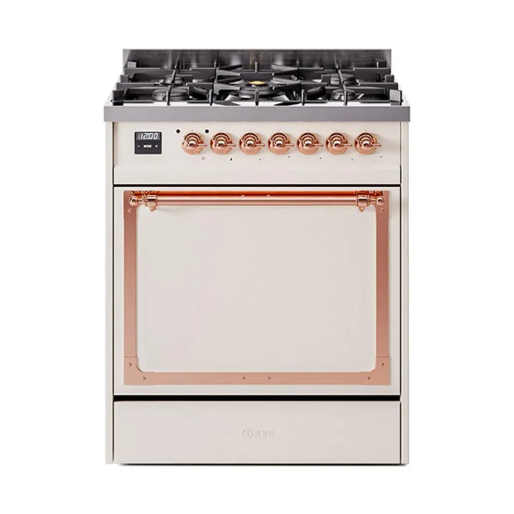 Ilve UN30QNMPAWPLP Ilve Un30Qnmpawplp Nostalgie Ii Noblesse 30" Dual Fuel Range (Liquid Propane, Solid Door, Antique White, Copper)