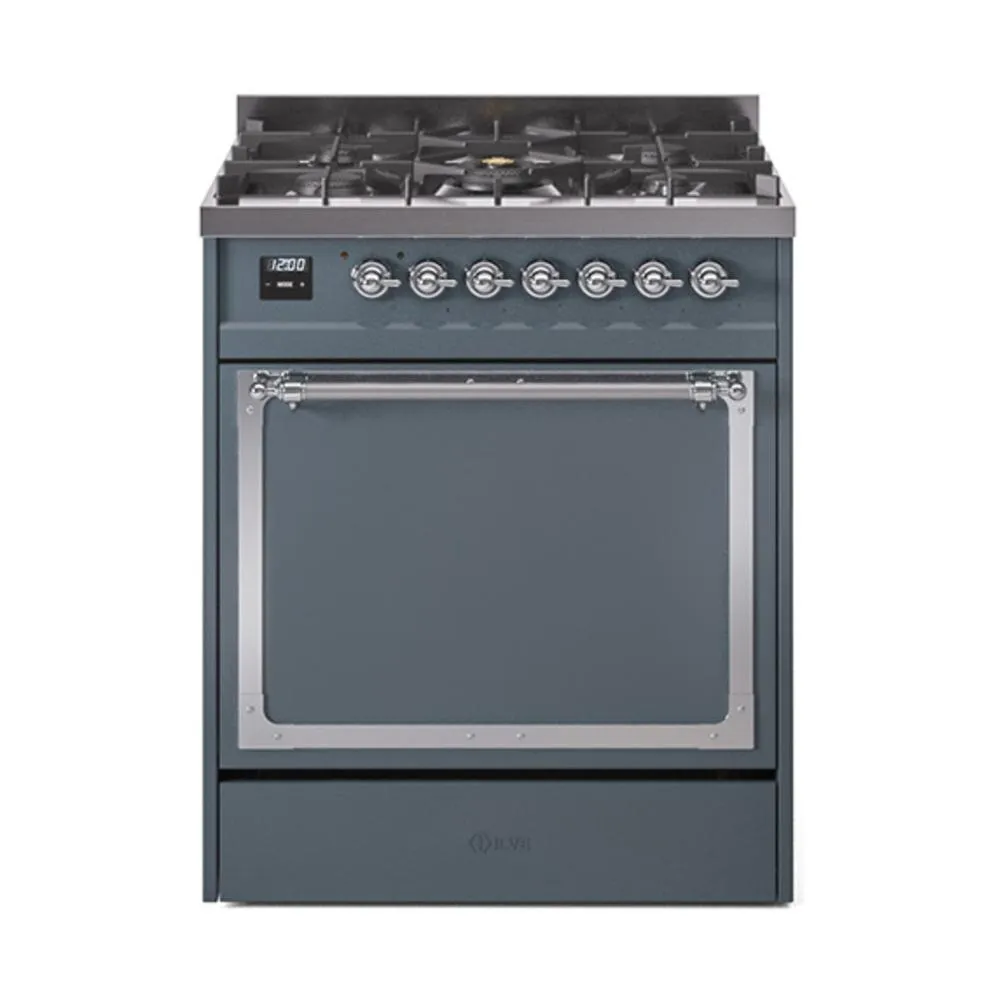 Ilve UN30QNMPBGCLP Ilve Un30Qnmpbgclp Nostalgie Ii Noblesse 30" Dual Fuel Range (Liquid Propane, Solid Door, Blue Grey, Chrome)