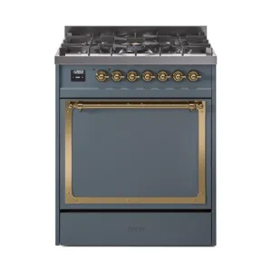 Ilve UN30QNMPBGGLP Ilve Un30Qnmpbgglp Nostalgie Ii Noblesse 30" Dual Fuel Range (Liquid Propane, Solid Door, Blue Grey, Brass)