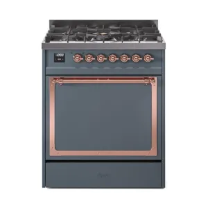 Ilve UN30QNMPBGPLP Ilve Un30Qnmpbgplp Nostalgie Ii Noblesse 30" Dual Fuel Range (Liquid Propane, Solid Door, Blue Grey, Copper)