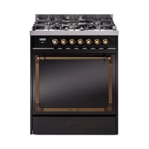 Ilve UN30QNMPBKB Ilve Un30Qnmpbkb Nostalgie Ii Noblesse 30" Dual Fuel Range (Natural Gas, Solid Door, Glossy Black, Burnished)