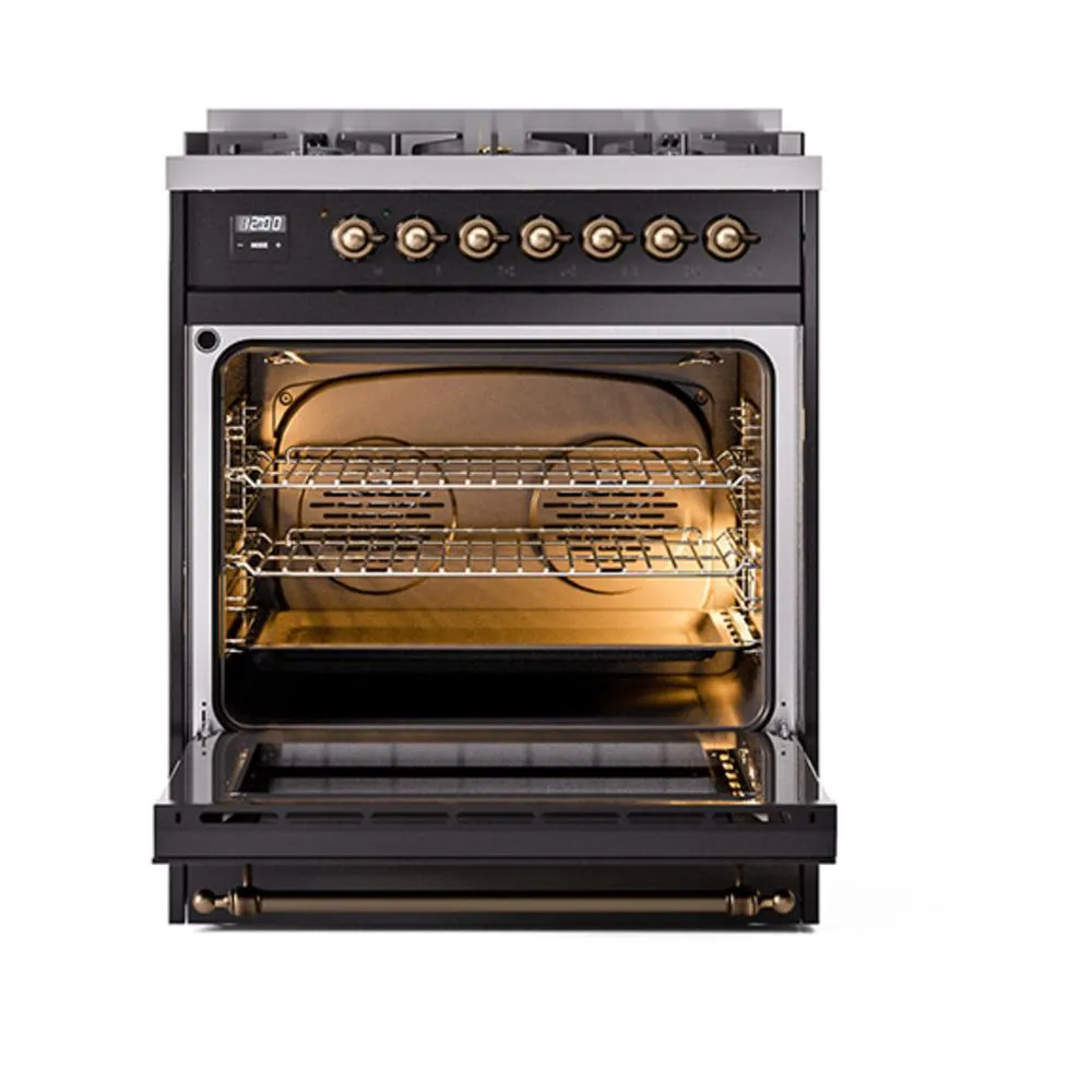 Ilve UN30QNMPBKB Ilve Un30Qnmpbkb Nostalgie Ii Noblesse 30" Dual Fuel Range (Natural Gas, Solid Door, Glossy Black, Burnished)