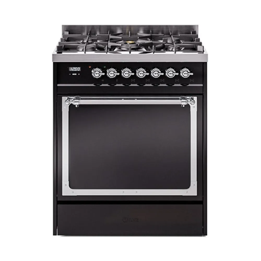 Ilve UN30QNMPBKC Ilve Un30Qnmpbkc Nostalgie Ii Noblesse 30" Dual Fuel Range (Natural Gas, Solid Door, Glossy Black, Chrome)