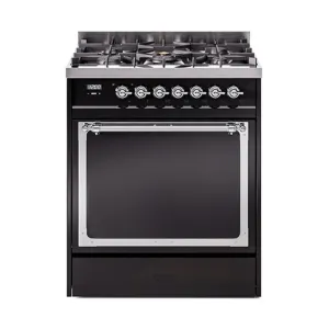 Ilve UN30QNMPBKC Ilve Un30Qnmpbkc Nostalgie Ii Noblesse 30" Dual Fuel Range (Natural Gas, Solid Door, Glossy Black, Chrome)