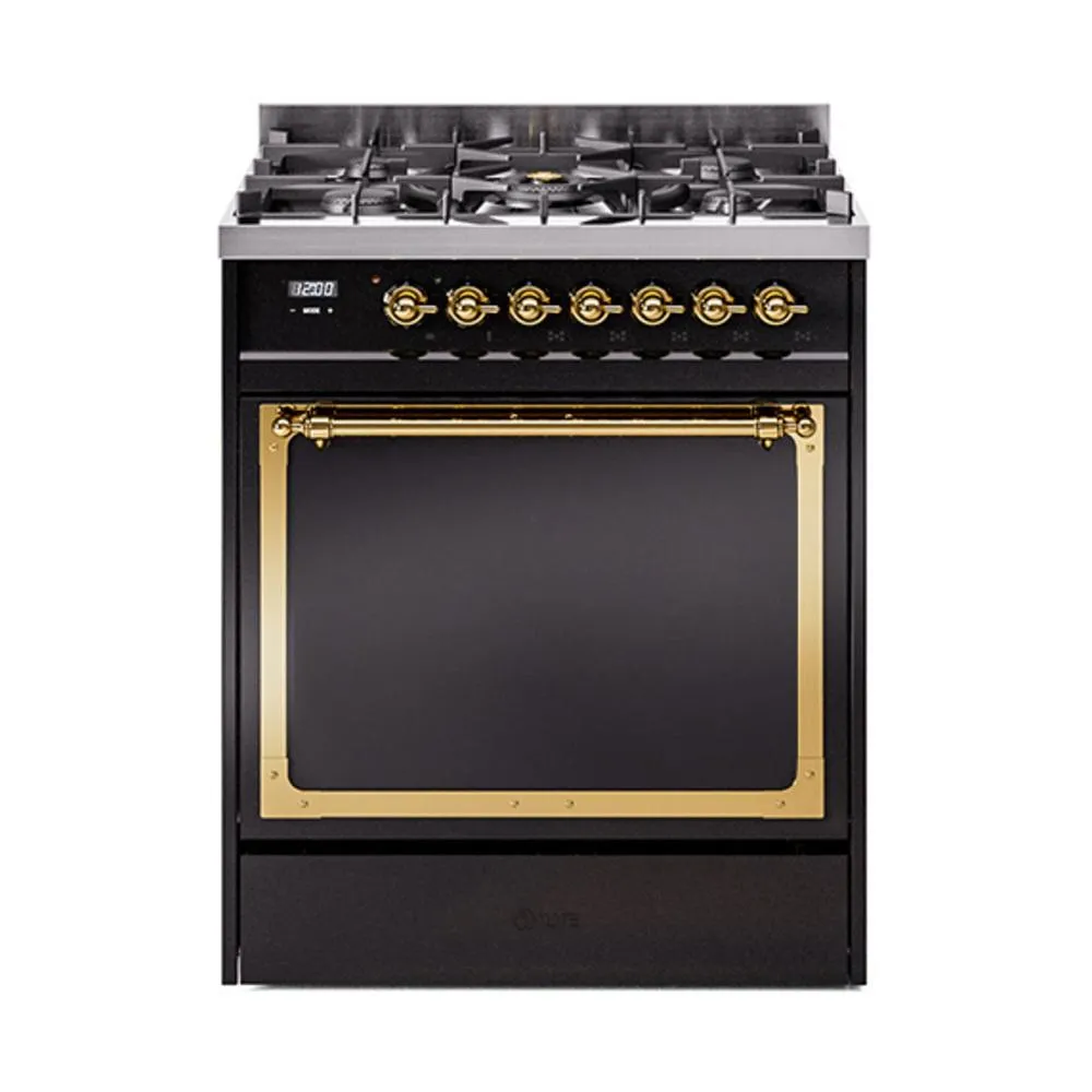 Ilve UN30QNMPBKG Ilve Un30Qnmpbkg Nostalgie Ii Noblesse 30" Dual Fuel Range (Natural Gas, Solid Door, Glossy Black, Brass)