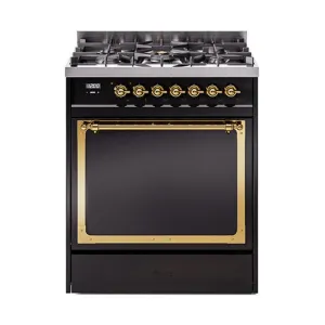 Ilve UN30QNMPBKGLP Ilve Un30Qnmpbkglp Nostalgie Ii Noblesse 30" Dual Fuel Range (Liquid Propane, Solid Door, Glossy Black, Brass)