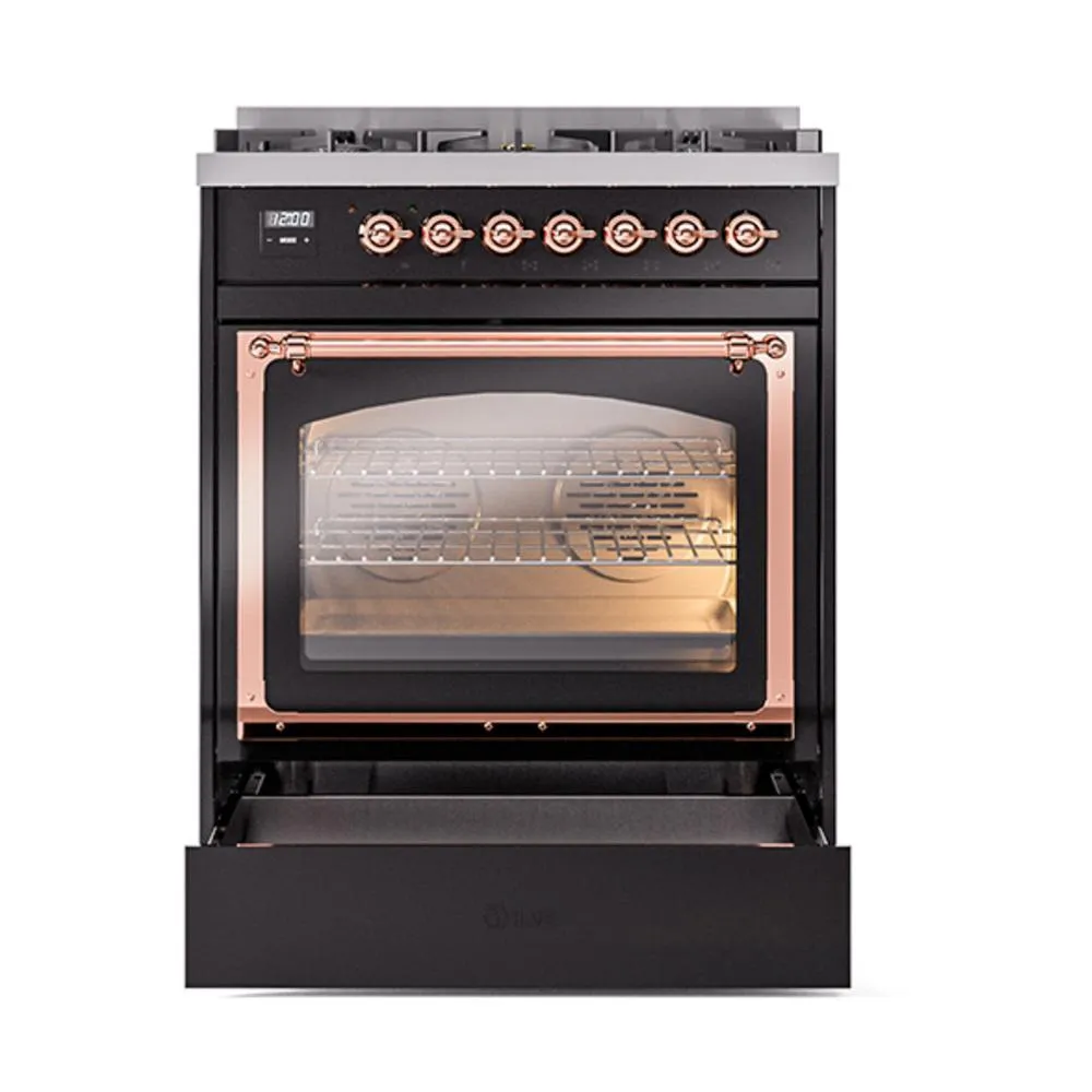 Ilve UN30QNMPBKP Ilve Un30Qnmpbkp Nostalgie Ii Noblesse 30" Dual Fuel Range (Natural Gas, Solid Door, Glossy Black, Copper)