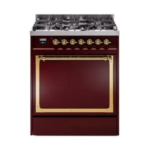 Ilve UN30QNMPBUG Ilve Un30Qnmpbug Nostalgie Ii Noblesse 30" Dual Fuel Range (Natural Gas, Solid Door, Burgundy, Brass)