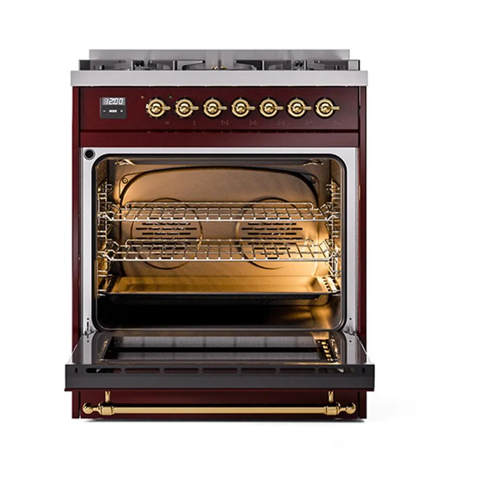 Ilve UN30QNMPBUG Ilve Un30Qnmpbug Nostalgie Ii Noblesse 30" Dual Fuel Range (Natural Gas, Solid Door, Burgundy, Brass)