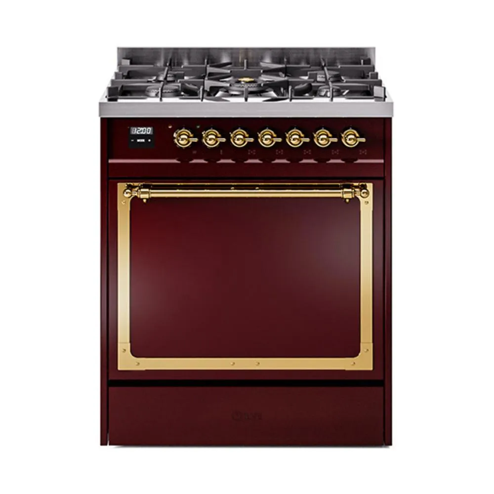 Ilve UN30QNMPBUG Ilve Un30Qnmpbug Nostalgie Ii Noblesse 30" Dual Fuel Range (Natural Gas, Solid Door, Burgundy, Brass)