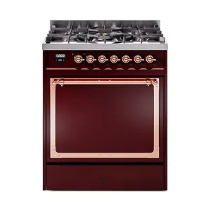 Ilve UN30QNMPBUP Ilve Un30Qnmpbup Nostalgie Ii Noblesse 30" Dual Fuel Range (Natural Gas, Solid Door, Burgundy, Copper)