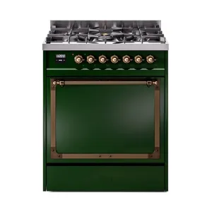 Ilve UN30QNMPEGB Ilve Un30Qnmpegb Nostalgie Ii Noblesse 30" Dual Fuel Range (Natural Gas, Solid Door, Emerald Green, Burnished)