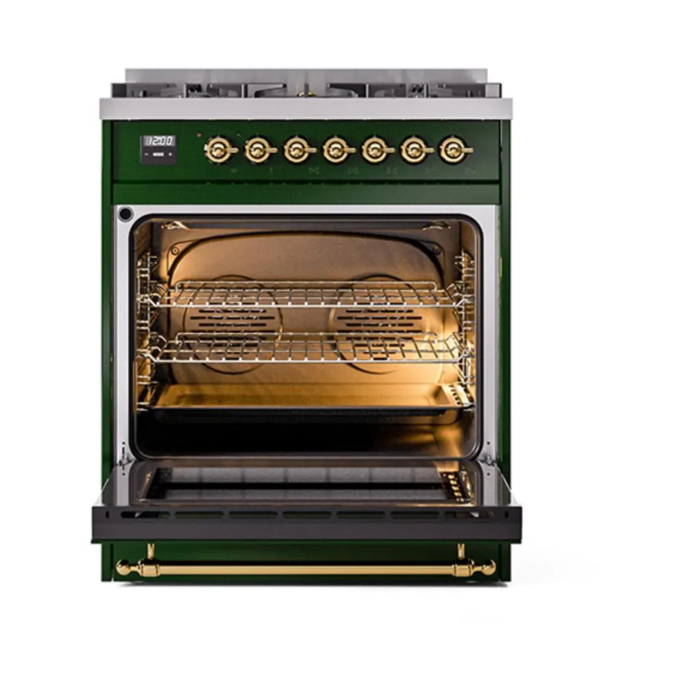 Ilve UN30QNMPEGG Ilve Un30Qnmpegg Nostalgie Ii Noblesse 30" Dual Fuel Range (Natural Gas, Solid Door, Emerald Green, Brass)