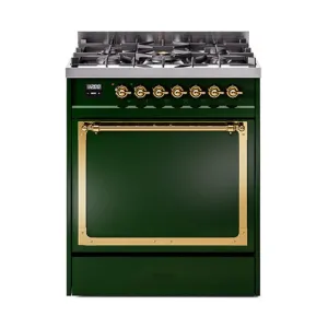 Ilve UN30QNMPEGG Ilve Un30Qnmpegg Nostalgie Ii Noblesse 30" Dual Fuel Range (Natural Gas, Solid Door, Emerald Green, Brass)